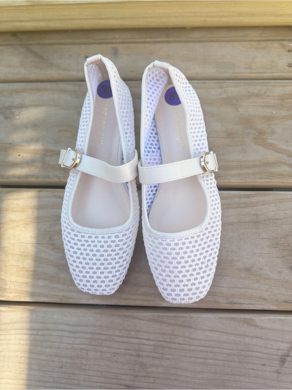 Steve Madden White Mesh Mary Jane Flats with Gold Buckles - Picture 3 of 6